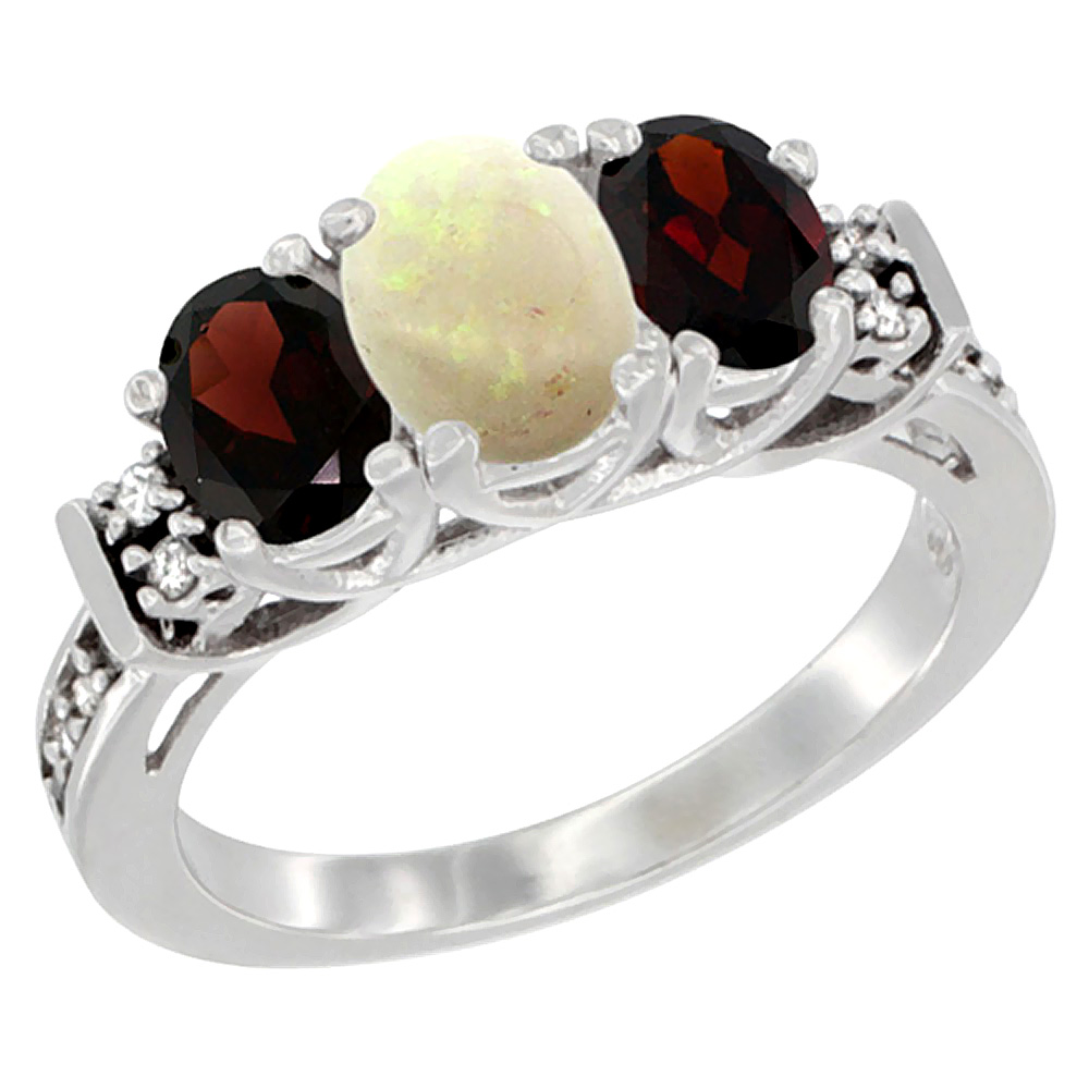 10K White Gold Natural Opal &amp; Garnet Ring 3-Stone Oval Diamond Accent, sizes 5-10