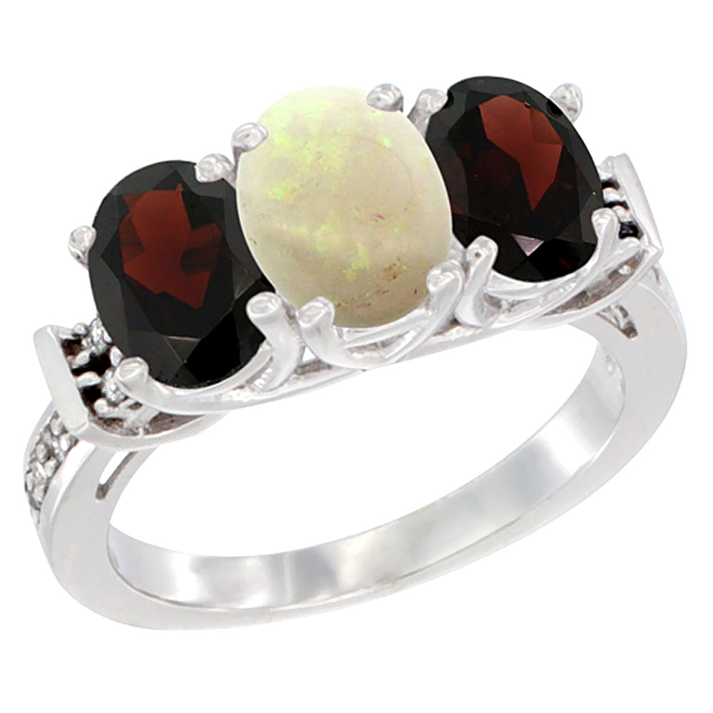 10K White Gold Natural Opal & Garnet Sides Ring 3-Stone Oval Diamond Accent, sizes 5 - 10