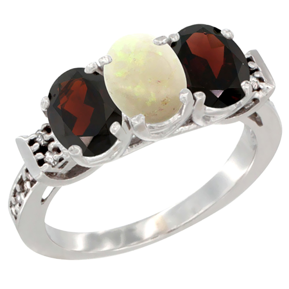 14K White Gold Natural Opal & Garnet Sides Ring 3-Stone 7x5 mm Oval Diamond Accent, sizes 5 - 10