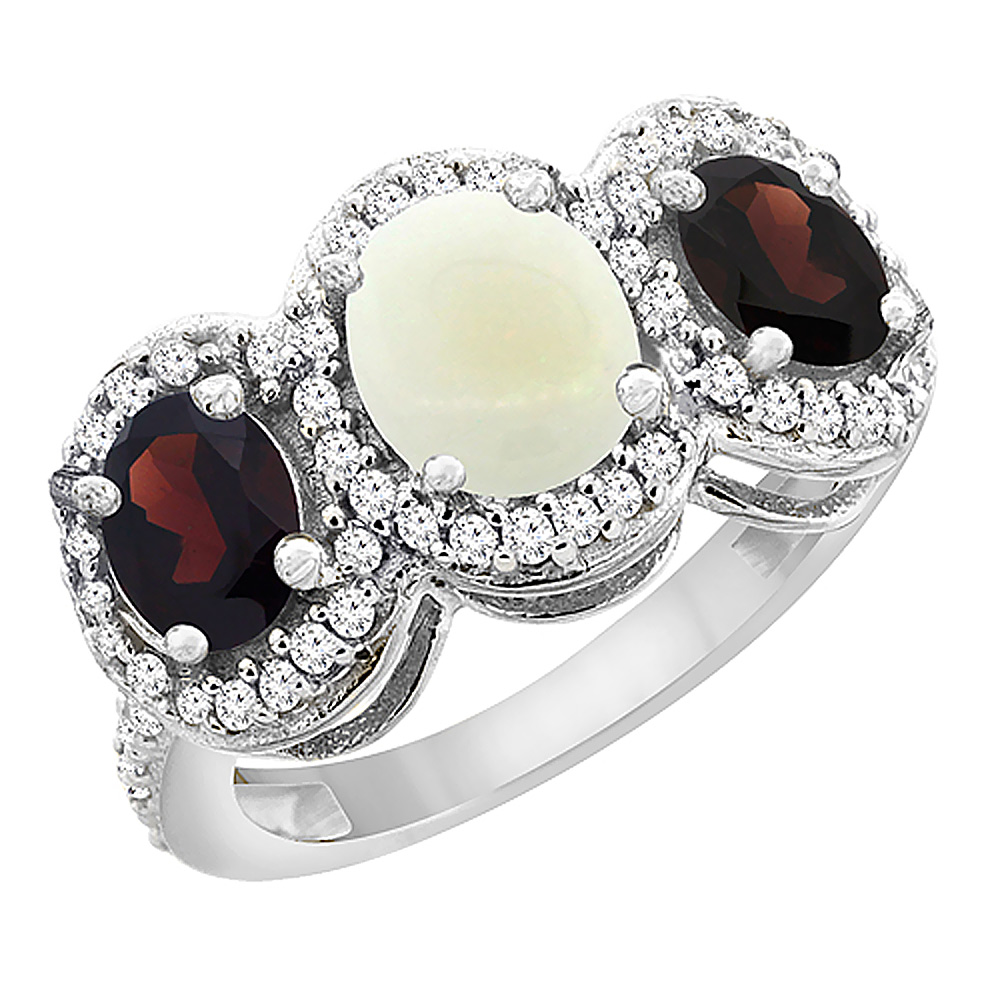 10K White Gold Natural Opal &amp; Garnet 3-Stone Ring Oval Diamond Accent, sizes 5 - 10