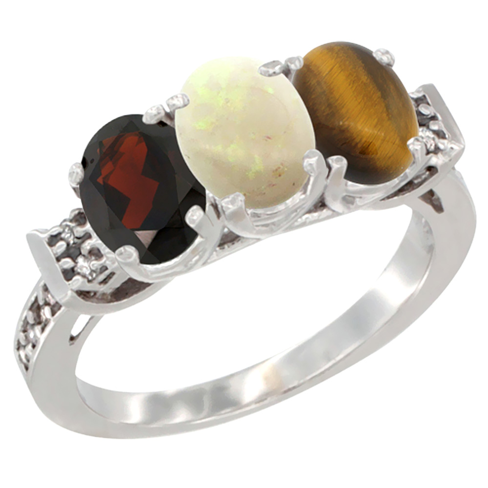 10K White Gold Natural Garnet, Opal &amp; Tiger Eye Ring 3-Stone Oval 7x5 mm Diamond Accent, sizes 5 - 10