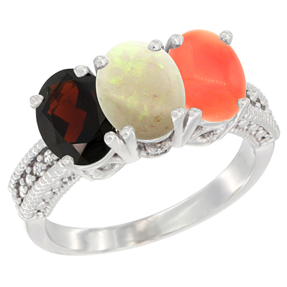 10K White Gold Natural Garnet, Opal & Coral Ring 3-Stone Oval 7x5 mm Diamond Accent, sizes 5 - 10