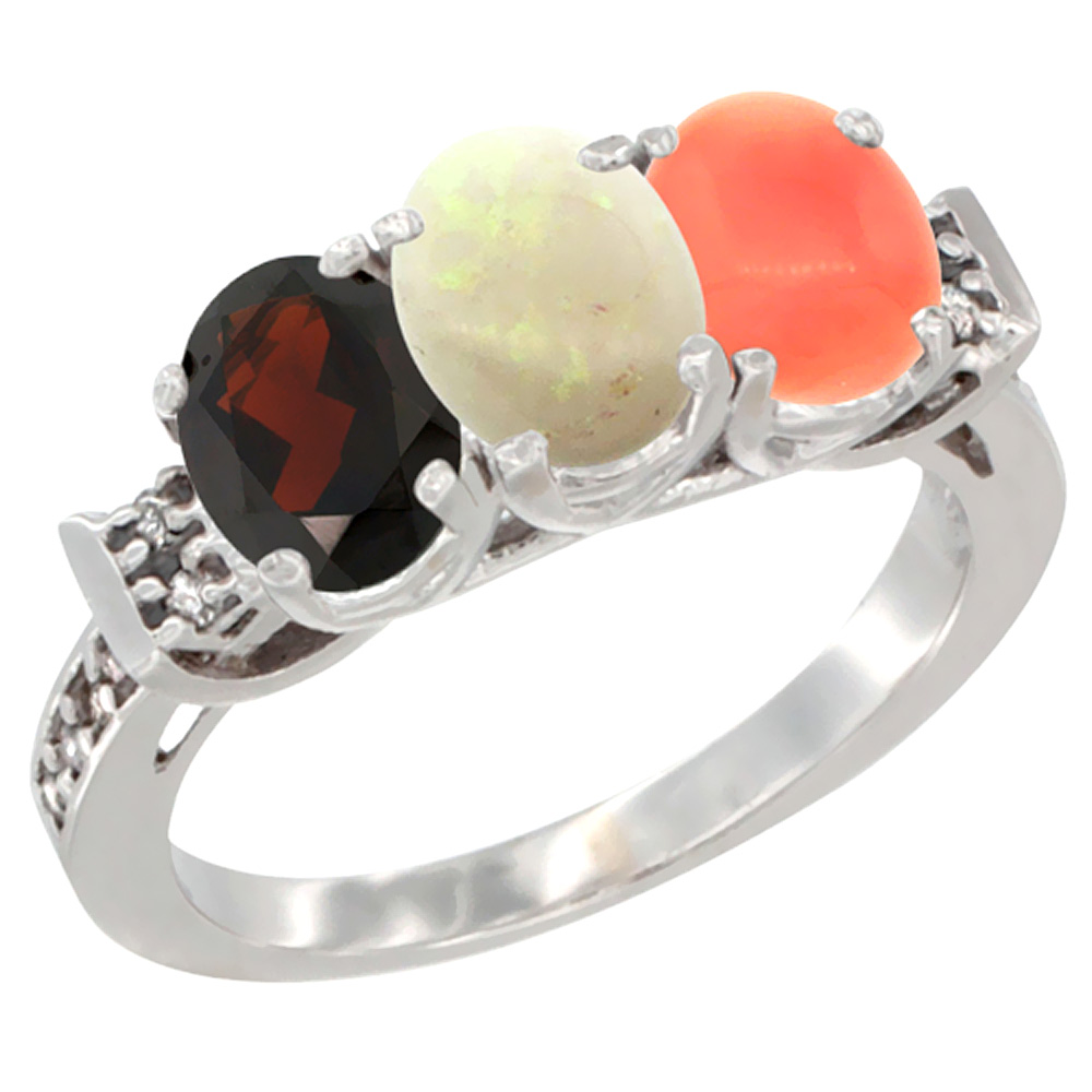 14K White Gold Natural Garnet, Opal &amp; Coral Ring 3-Stone 7x5 mm Oval Diamond Accent, sizes 5 - 10