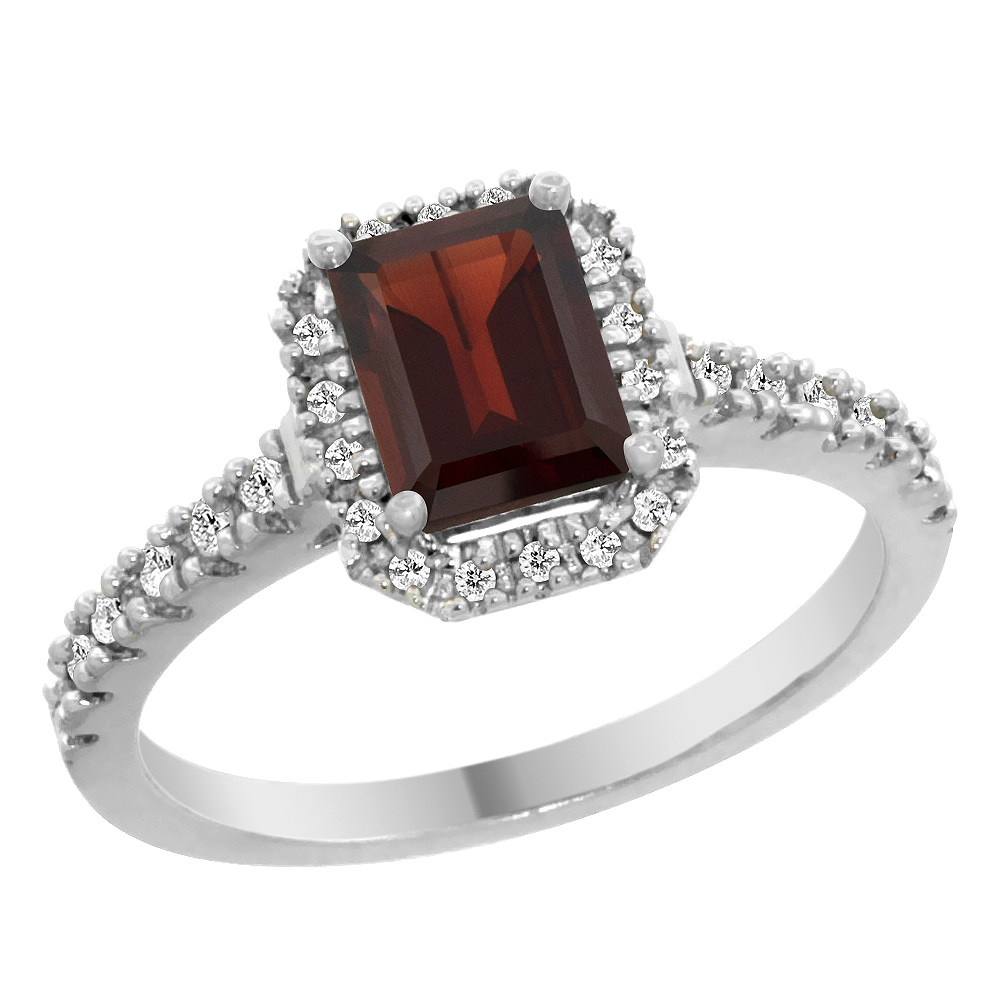 14K White Gold Natural Garnet Engagement Ring Octagon 7x5 mm Diamond Accents, sizes 5 - 10