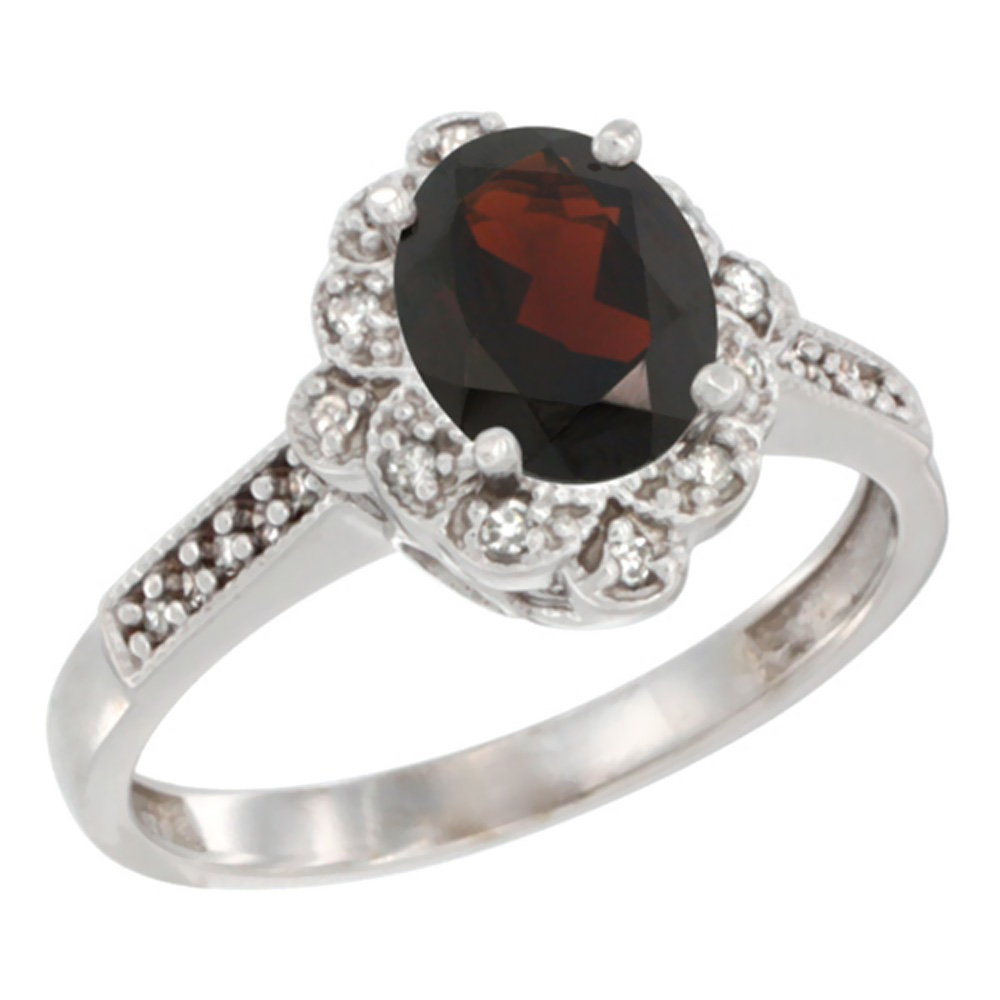 10K Yellow Gold Natural Garnet Ring Oval 8x6 mm Floral Diamond Halo, sizes 5 - 10
