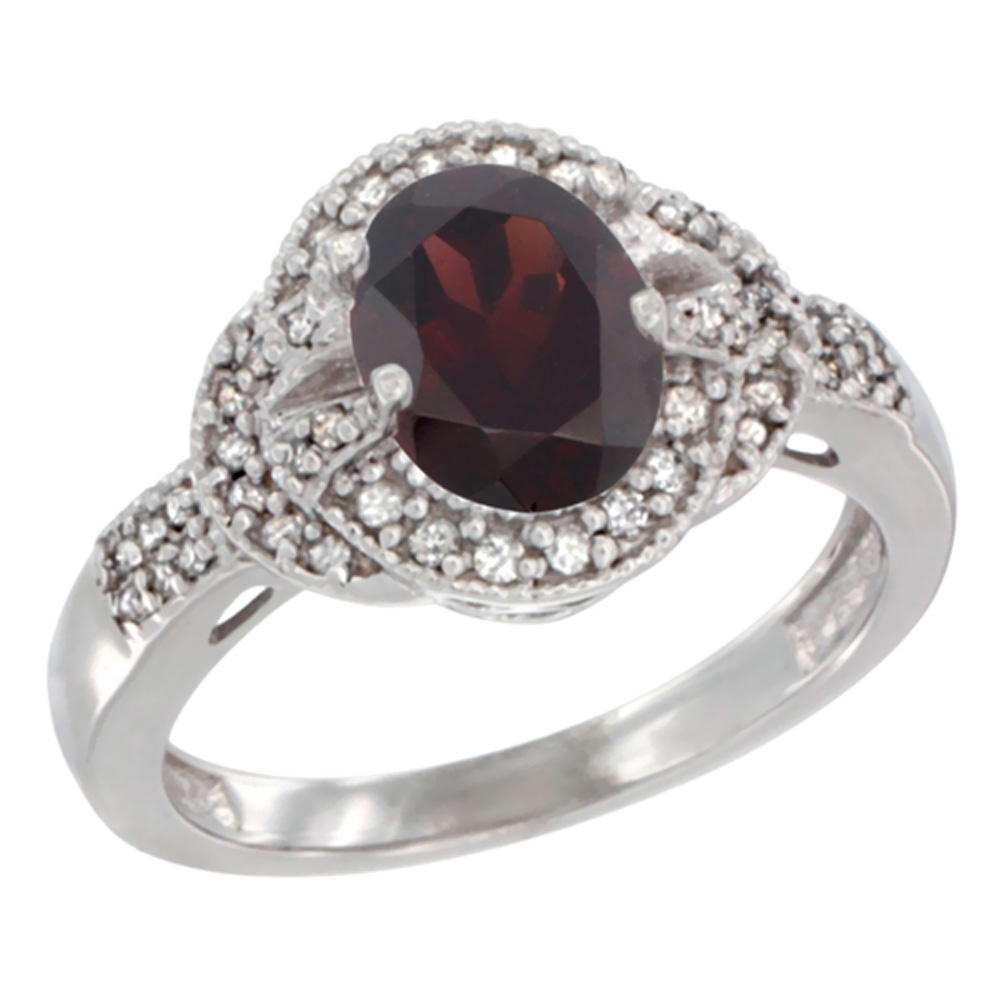 14K Yellow Gold Natural Garnet Ring Oval 8x6 mm Diamond Accent, sizes 5 - 10