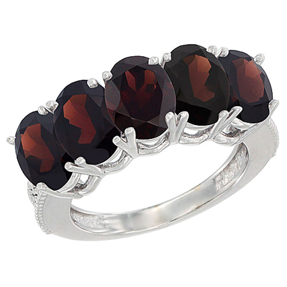 14K White Gold Natural Garnet 1 ct. Oval 7x5mm 5-Stone Mother&#039;s Ring with Diamond Accents, sizes 5 to 10 with half sizes