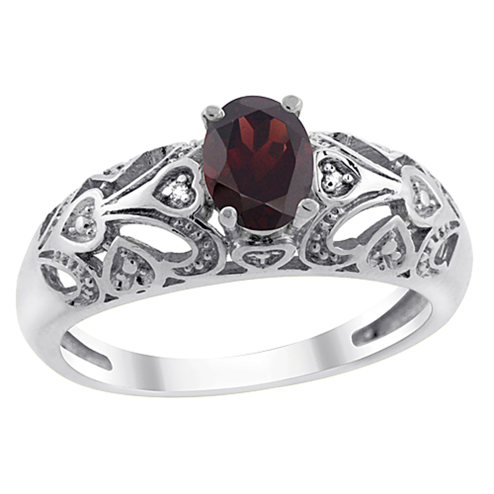 10K Yellow Gold Natural Garnet Ring Oval 6x4 mm Diamond Accent, sizes 5 - 10