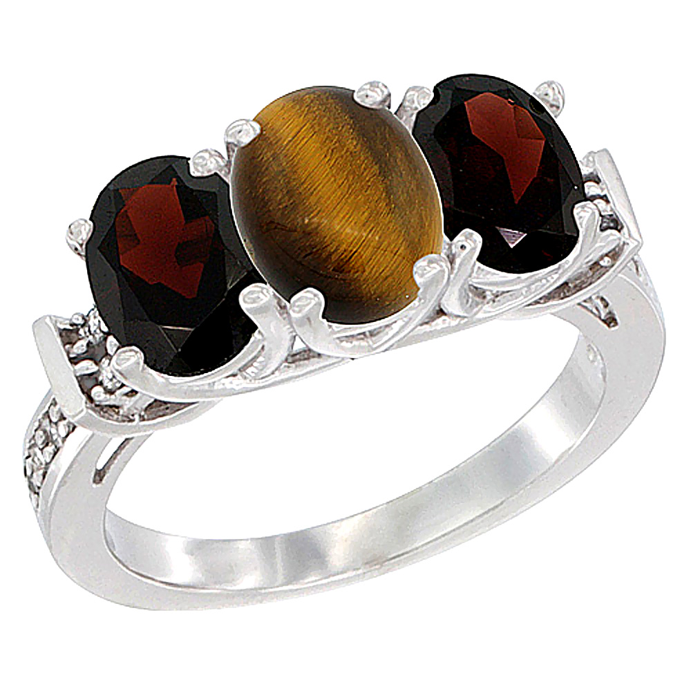 10K White Gold Natural Tiger Eye &amp; Garnet Sides Ring 3-Stone Oval Diamond Accent, sizes 5 - 10