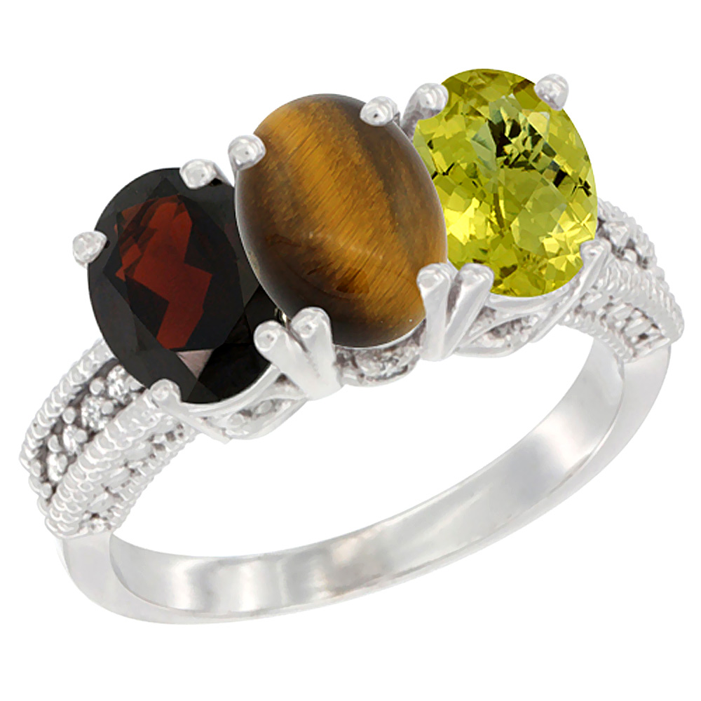 10K White Gold Natural Garnet, Tiger Eye &amp; Lemon Quartz Ring 3-Stone Oval 7x5 mm Diamond Accent, sizes 5 - 10