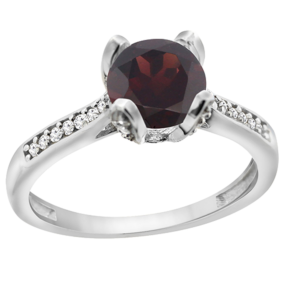 10K White Gold Diamond Natural Garnet Engagement Ring Round 7mm, sizes 5 to 10 with half sizes