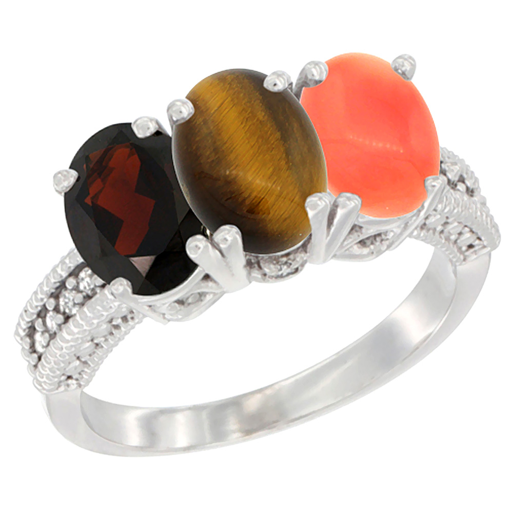 14K White Gold Natural Garnet, Tiger Eye &amp; Coral Ring 3-Stone 7x5 mm Oval Diamond Accent, sizes 5 - 10