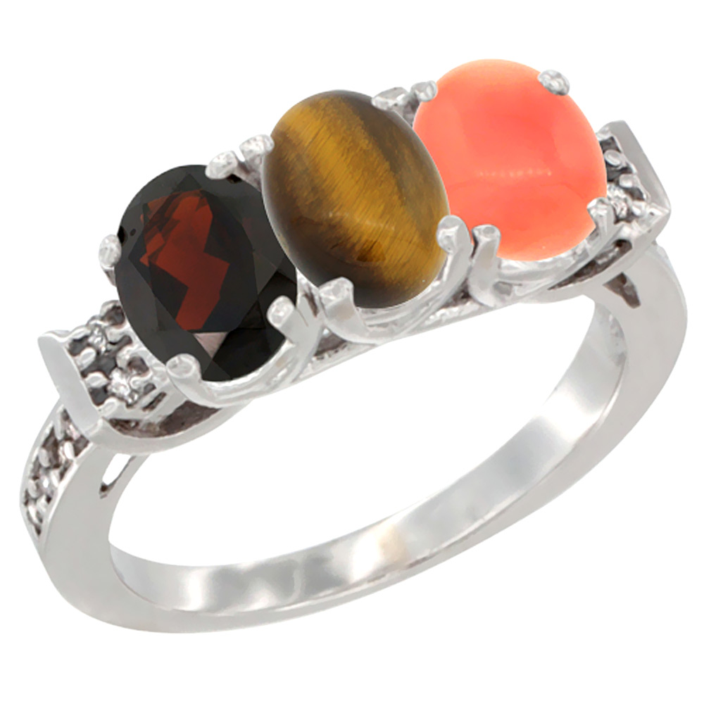 10K White Gold Natural Garnet, Tiger Eye &amp; Coral Ring 3-Stone Oval 7x5 mm Diamond Accent, sizes 5 - 10