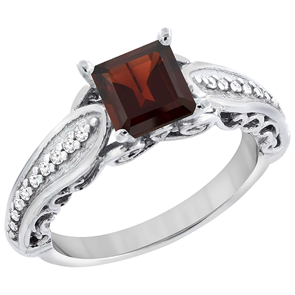 14K White Gold Natural Garnet Ring Square 8x8mm with Diamond Accents, sizes 5 - 10