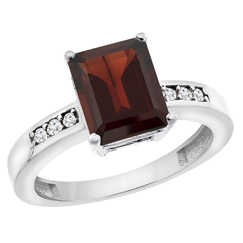 14K White Gold Natural Garnet Octagon 9x7 mm with Diamond Accents, sizes 5 - 10