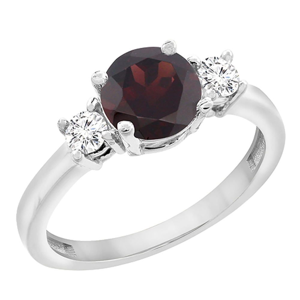 14K White Gold Diamond Natural Garnet Engagement Ring Round 7mm, sizes 5 to 10 with half sizes