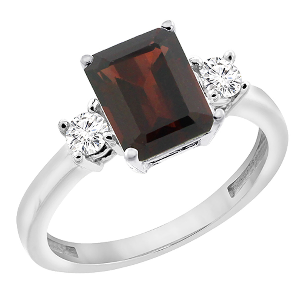 14K White Gold Natural Garnet Ring Octagon 8x6 mm with Diamond Accents, sizes 5 - 10