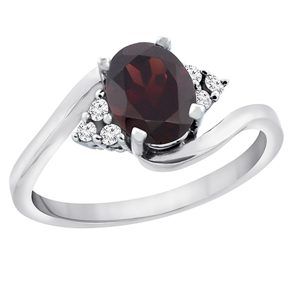 14K White Gold Diamond Natural Garnet Engagement Ring Oval 7x5mm, sizes 5 - 10