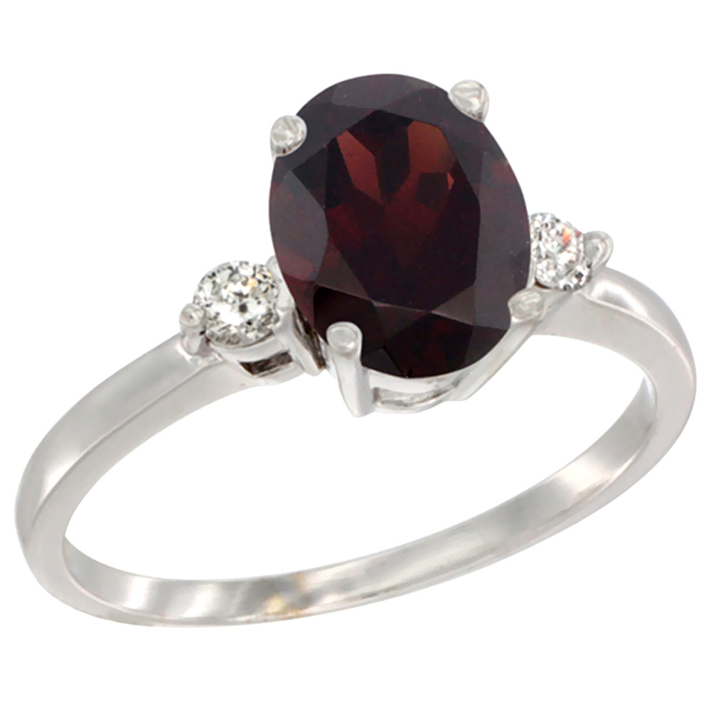 10K White Gold Natural Garnet Ring Oval 9x7 mm Diamond Accent, sizes 5 to 10