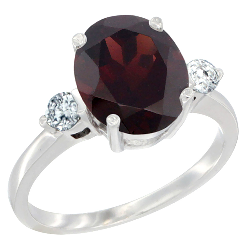 14K White Gold 10x8mm Oval Natural Garnet Ring for Women Diamond Side-stones sizes 5 - 10