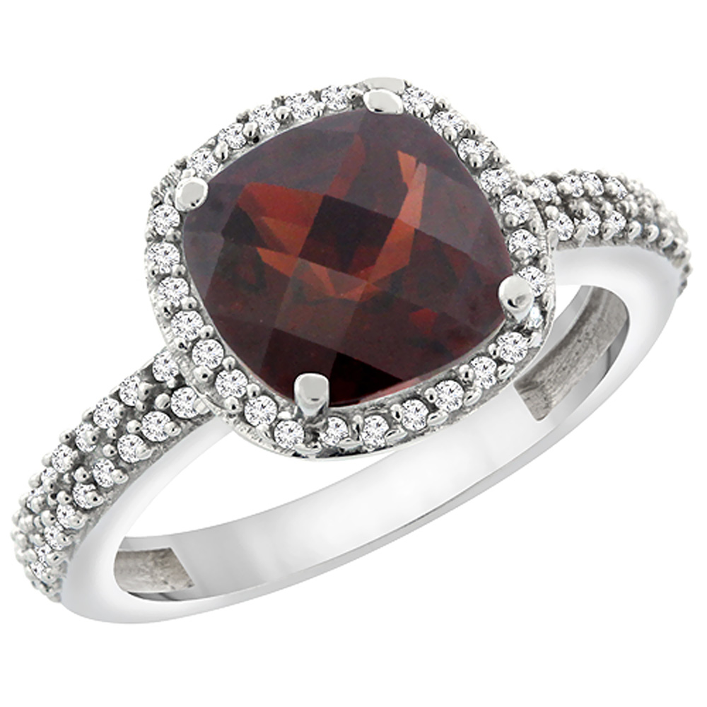 10K White Gold Natural Garnet Cushion 8x8 mm with Diamond Accents, sizes 5 - 10