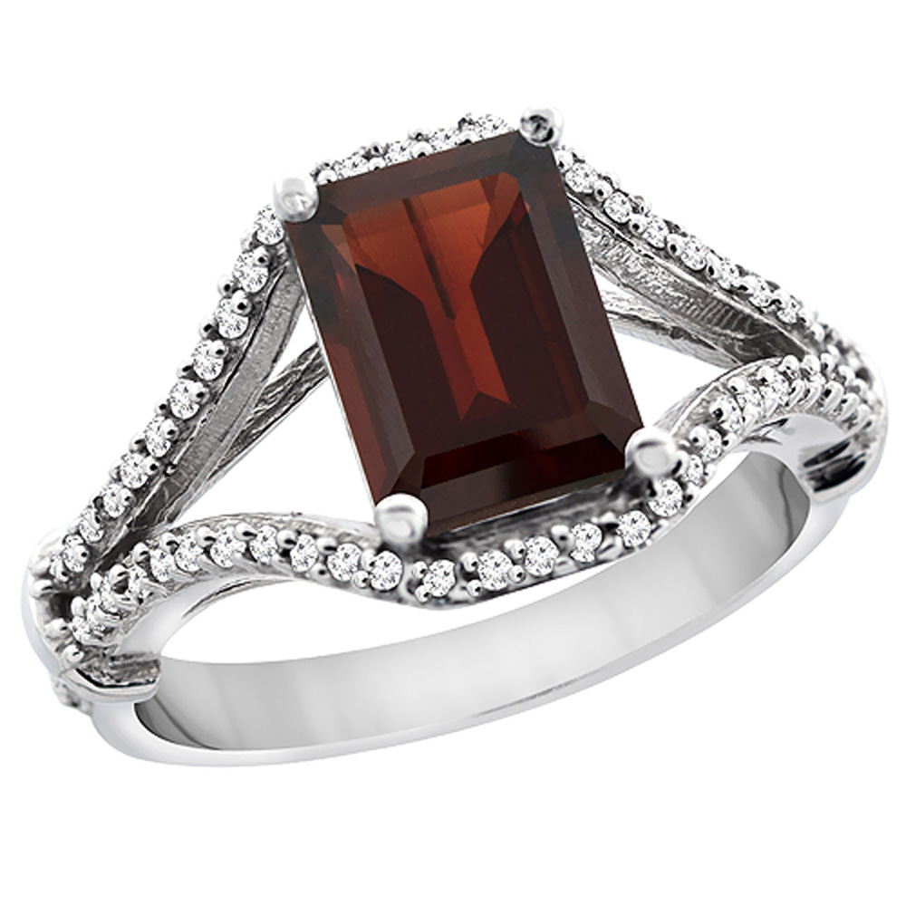 14K White Gold Natural Garnet Ring Octagon 8x6 mm with Diamond Accents, sizes 5 - 10