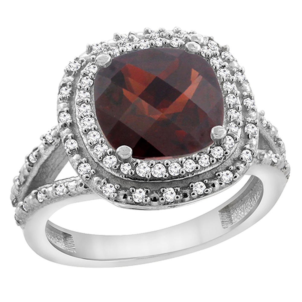 14K White Gold Natural Garnet Ring Cushion 8x8 mm with Diamond Accents, sizes 5 - 10