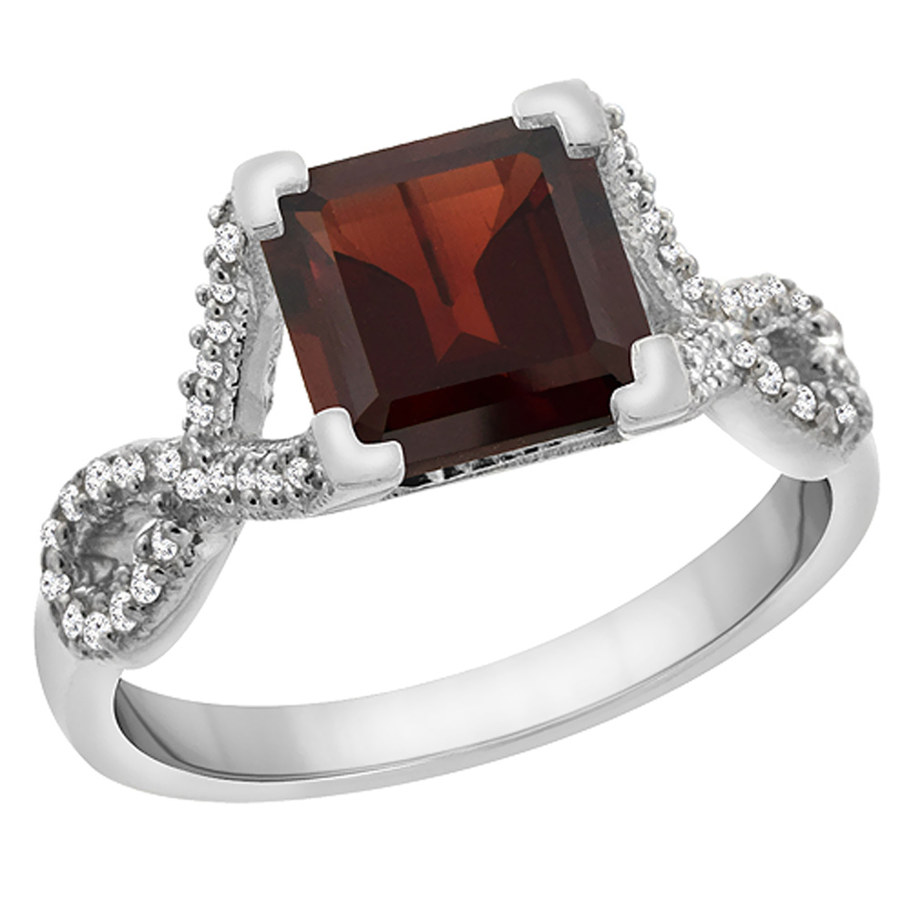 14K White Gold Natural Garnet Ring Square 7x7 mm Diamond Accents, sizes 5 to 10