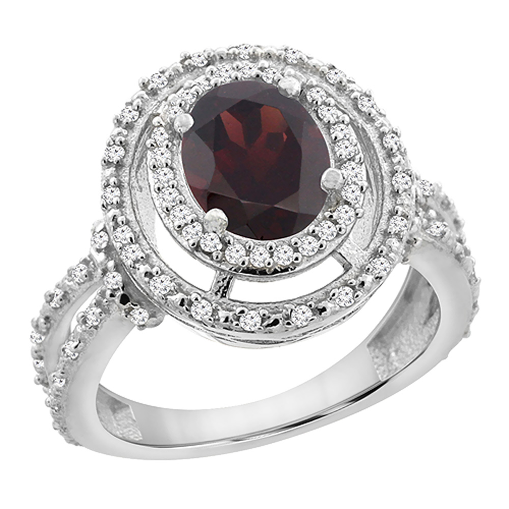 10K Yellow Gold Natural Garnet Ring Oval 8x6 mm Double Halo Diamond, sizes 5 - 10