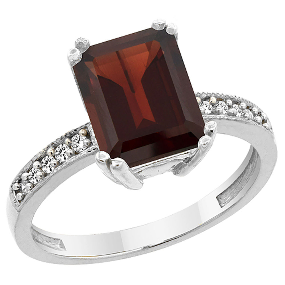 14K White Gold Natural Garnet Ring Octagon 10x8mm Diamond Accent, sizes 5 to 10