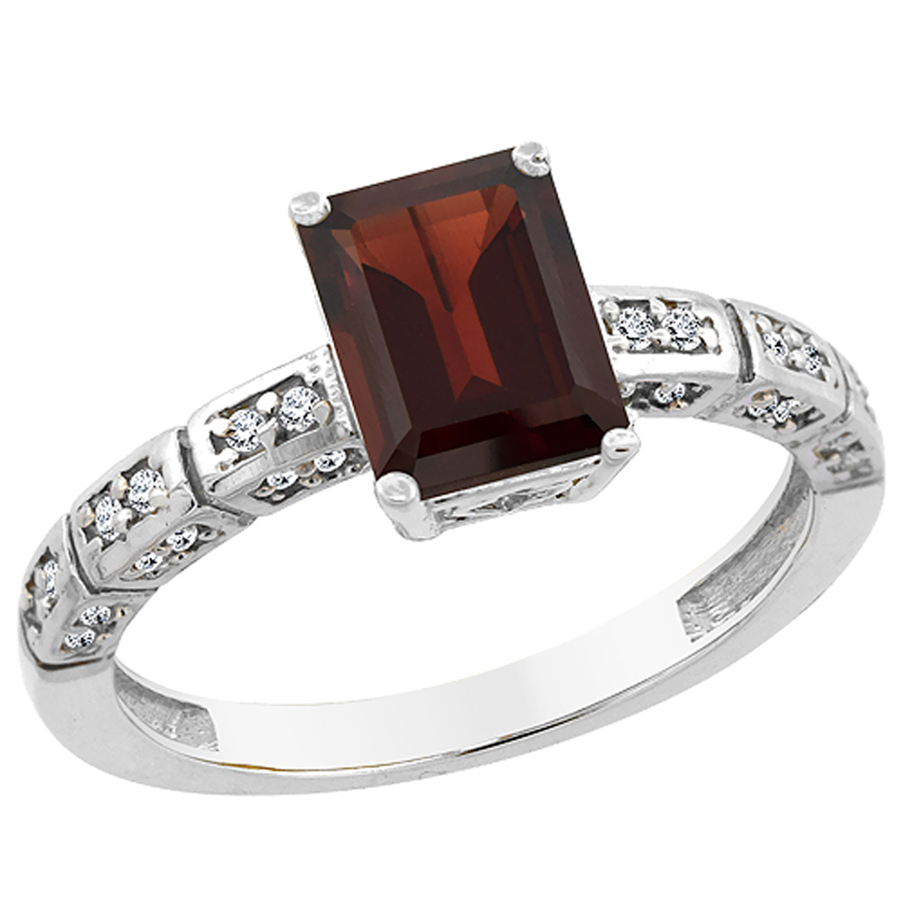 14K White Gold Natural Garnet Octagon 8x6 mm with Diamond Accents, sizes 5 - 10