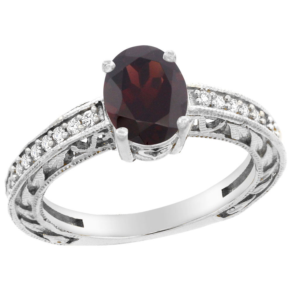 10K Gold Natural Garnet Ring Oval 8x6 mm Diamond Accents, sizes 5 - 10