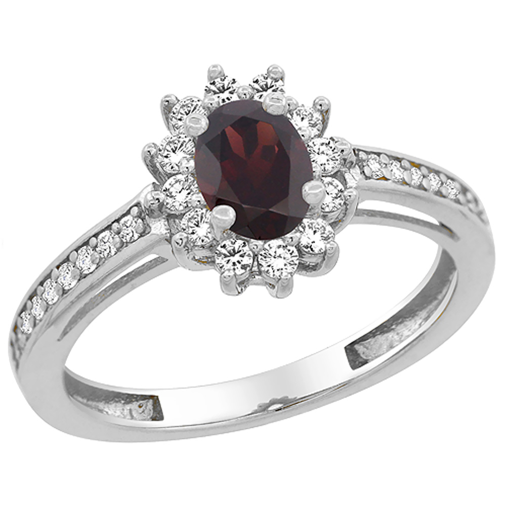 10K White Gold Natural Garnet Flower Halo Ring Oval 6x4 mm Diamond Accents, sizes 5 - 10