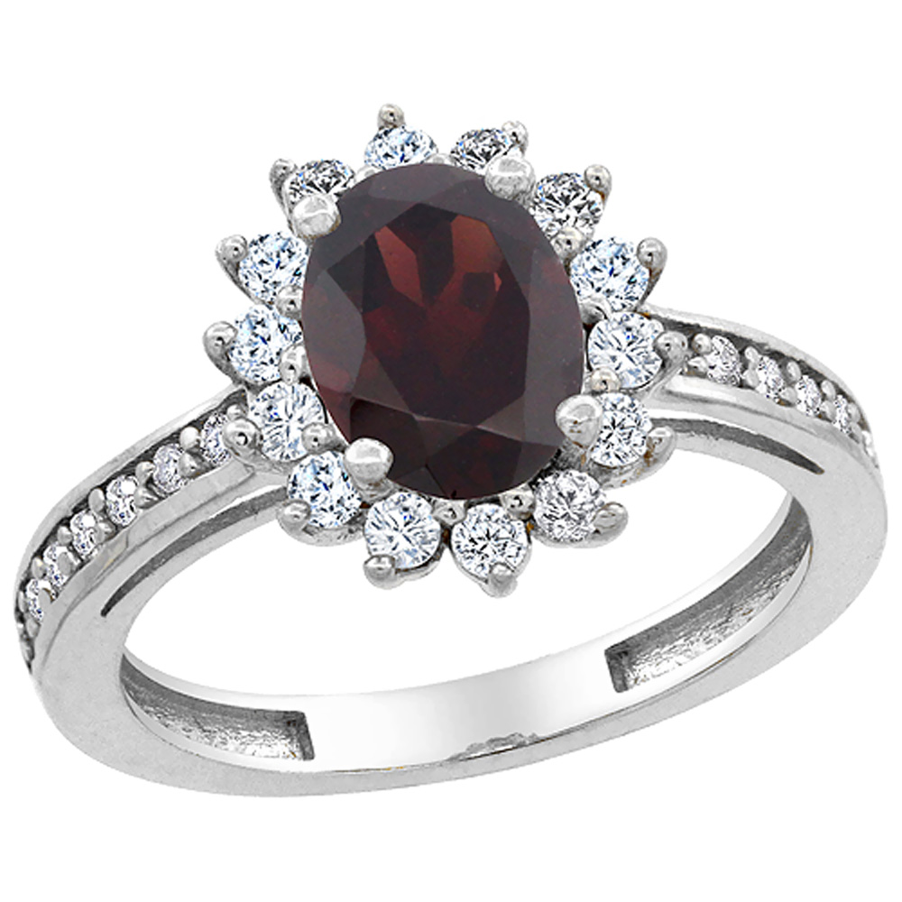 14K White Gold Natural Garnet Floral Halo Ring Oval 8x6mm Diamond Accents, sizes 5 - 10