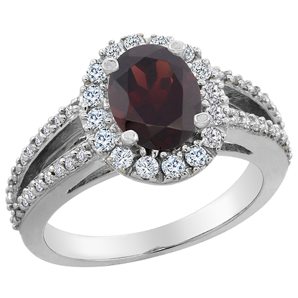 14K White Gold Natural Garnet Halo Ring Oval 8x6 mm with Diamond Accents, sizes 5 - 10