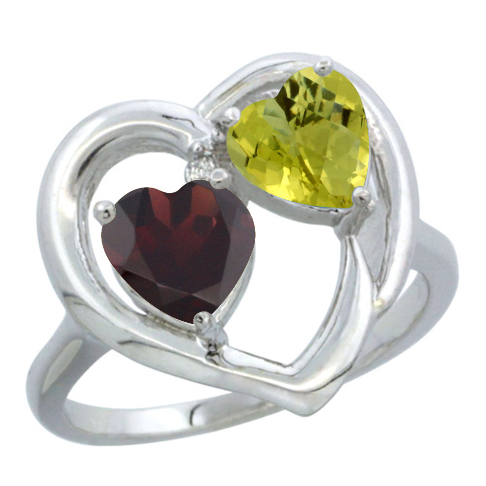 14K White Gold Diamond Two-stone Heart Ring 6mm Natural Garnet &amp; Lemon Quartz, sizes 5-10