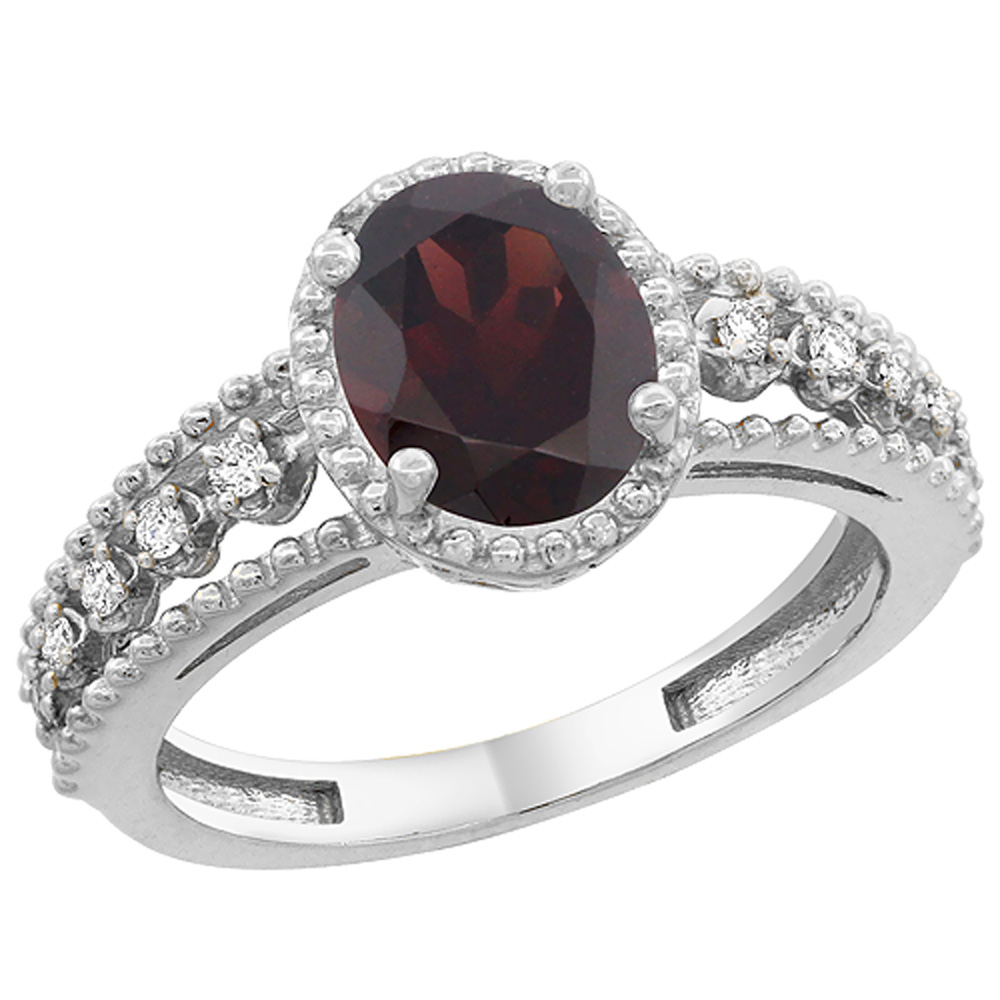 14K White Gold Natural Garnet Ring Oval 9x7 mm Floating Diamond Accents, sizes 5 - 10