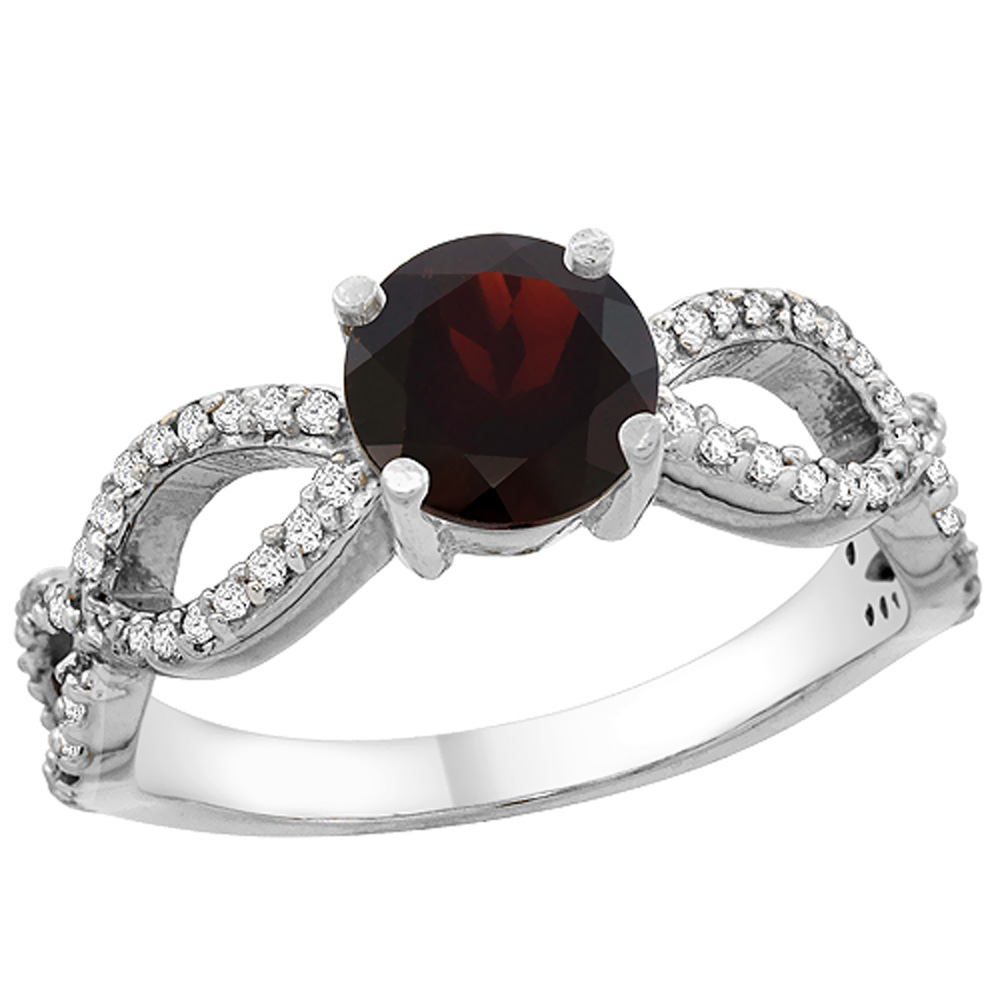 14K White Gold Natural Garnet Ring Round 6mm Infinity Diamond Accents, sizes 5 - 10