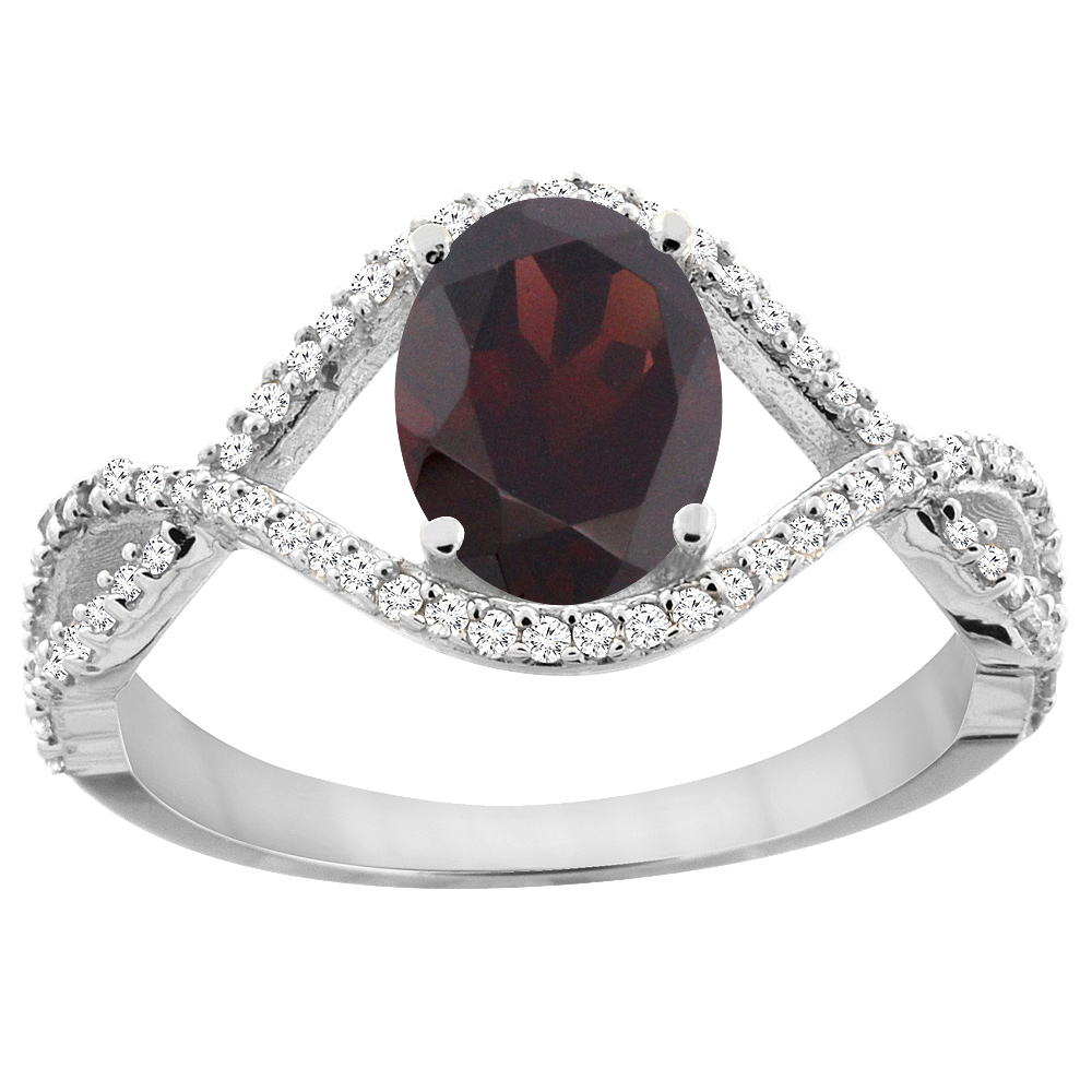 14K White Gold Natural Garnet Ring Oval 8x6 mm Infinity Diamond Accents, sizes 5 - 10