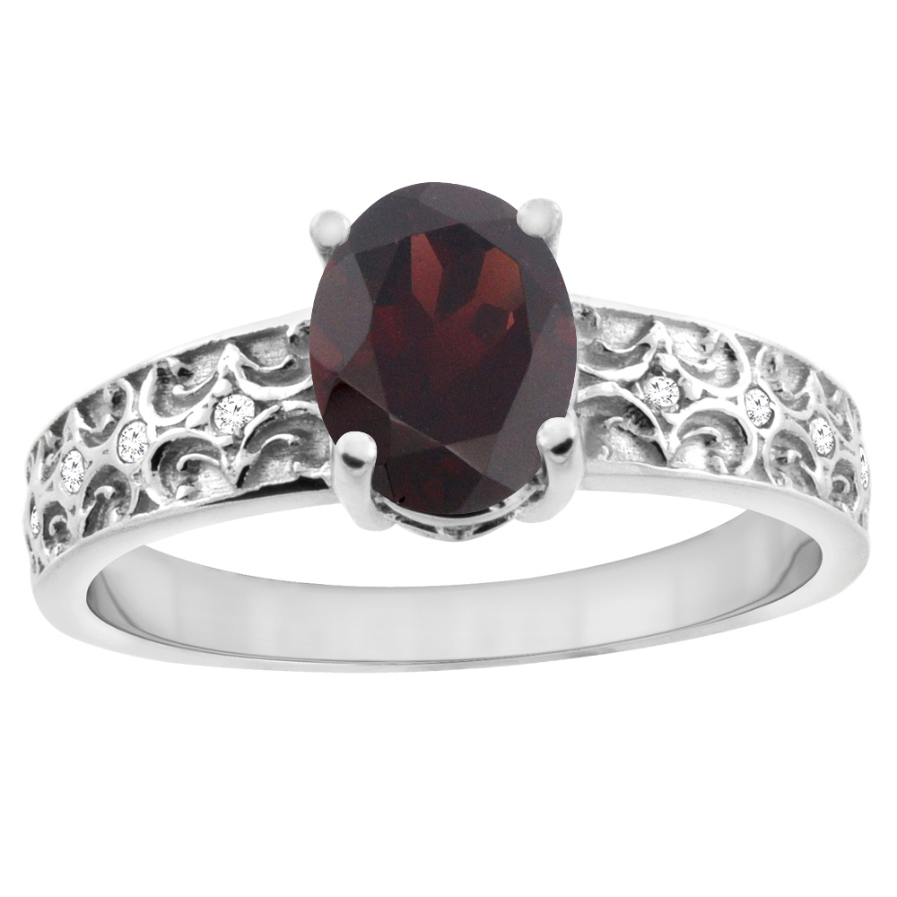 14K White Gold Natural Garnet Ring Oval 8x6 mm Diamond Accents, sizes 5 - 10