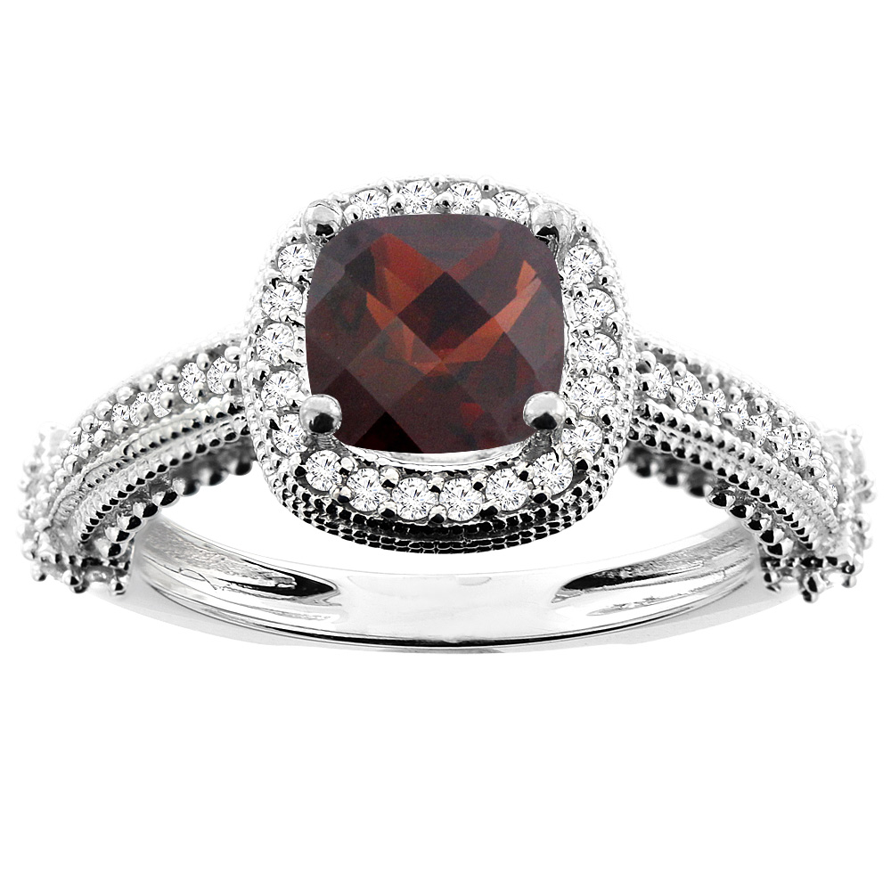 14K White/Yellow/Rose Gold Natural Garnet Ring Cushion 7x7mm Diamond Accent 7/16 inch wide, size 5
