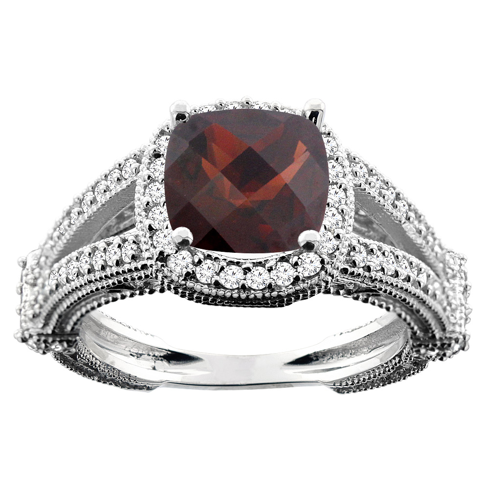 14K White/Yellow/Rose Gold Natural Garnet Cushion 8x8mm Diamond Accent 3/8 inch wide, size 5