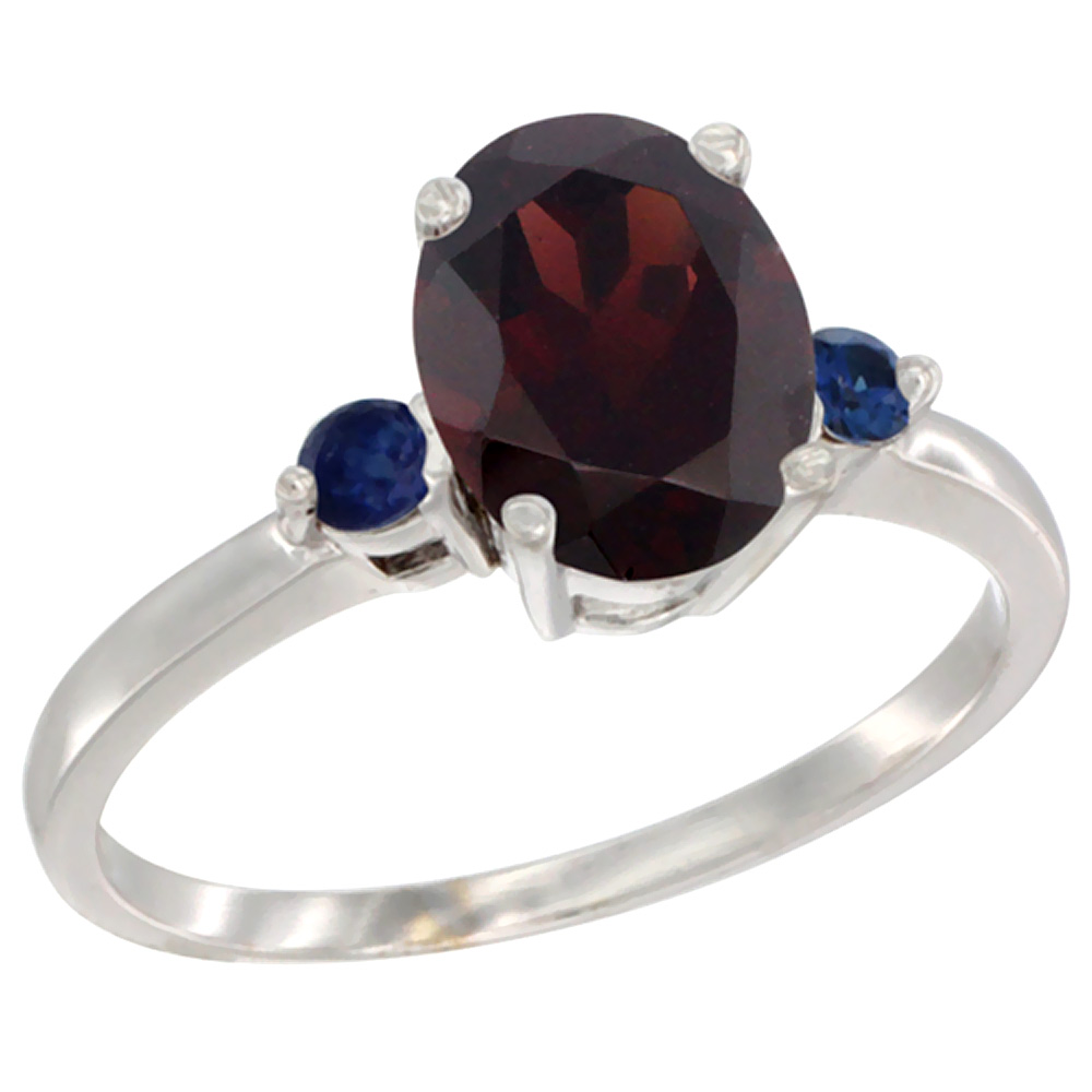 14K White Gold Natural Garnet Ring Oval 9x7 mm Blue Sapphire Accent, sizes 5 to 10