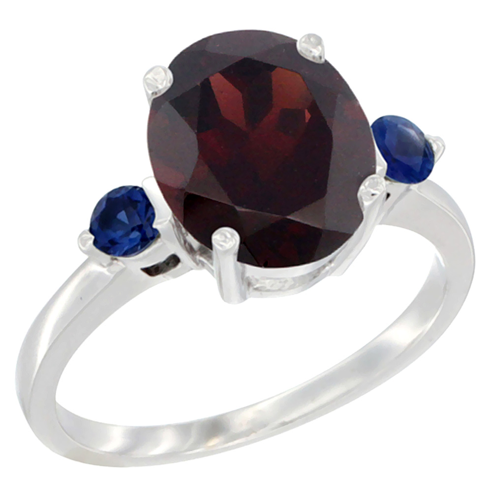 14K White Gold 10x8mm Oval Natural Garnet Ring for Women Blue Sapphire Side-stones sizes 5 - 10