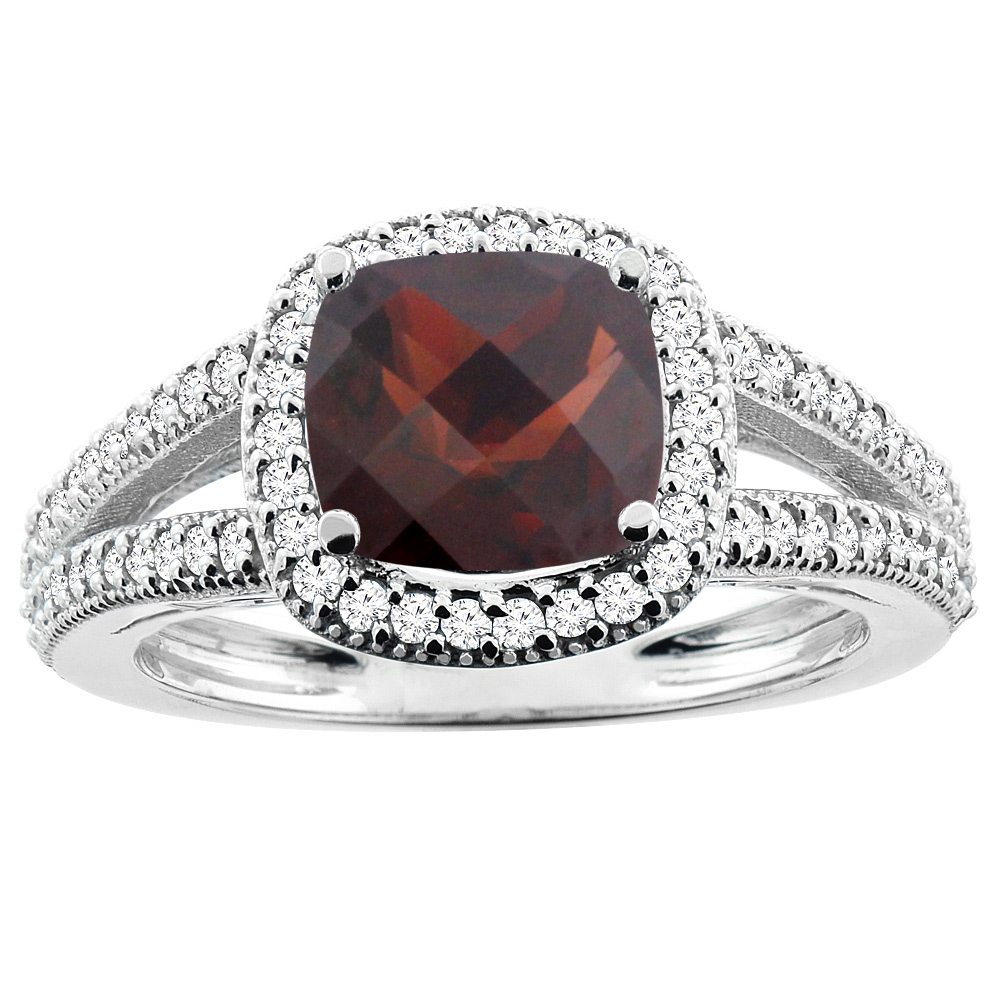 10K White Gold Natural Garnet Ring Cushion 7x7mm Diamond Accent 3/8 inch wide, sizes 5 - 10