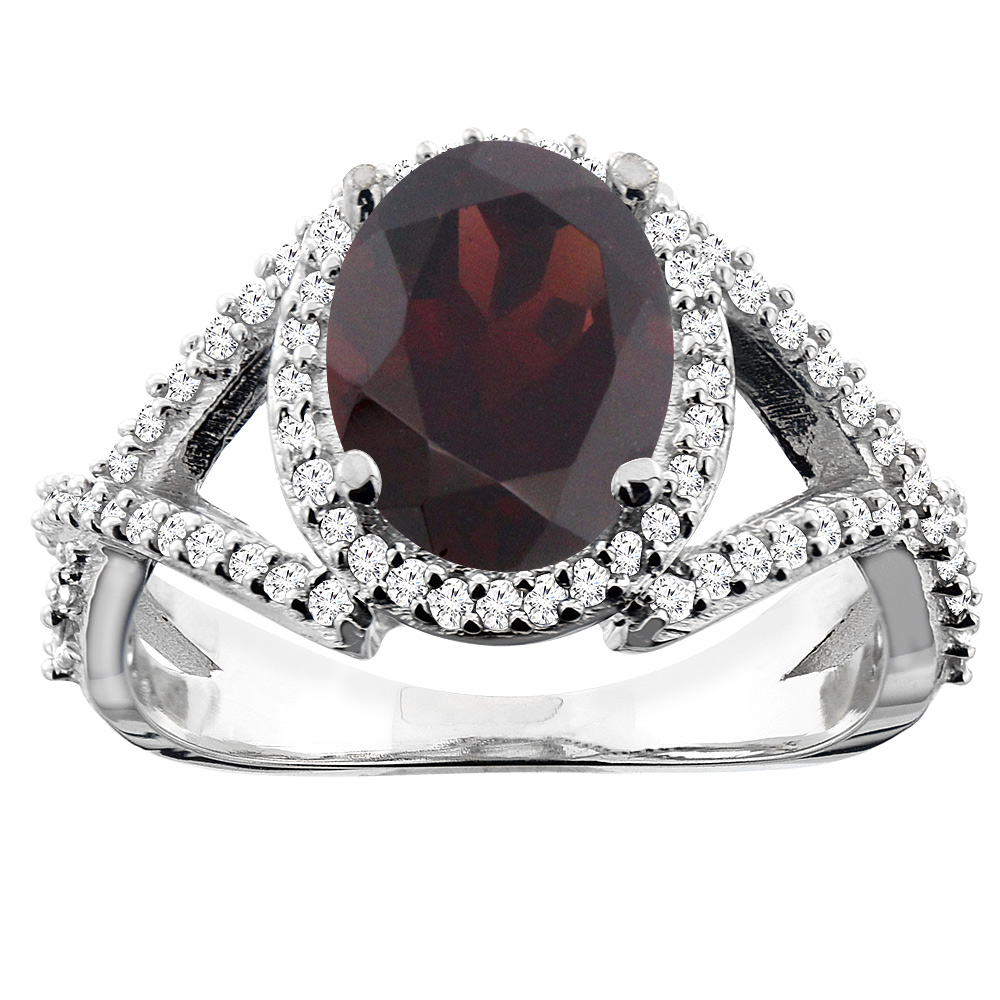 14K White/Yellow/Rose Gold Natural Garnet Ring Oval 10x8mm Diamond Accent, sizes 5 - 10