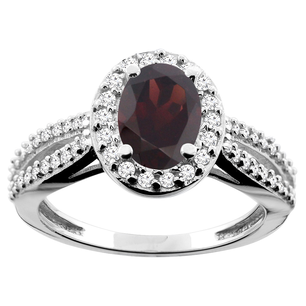 14K White/Yellow/Rose Gold Natural Garnet Ring Oval 8x6mm Diamond Accent, sizes 5 - 10