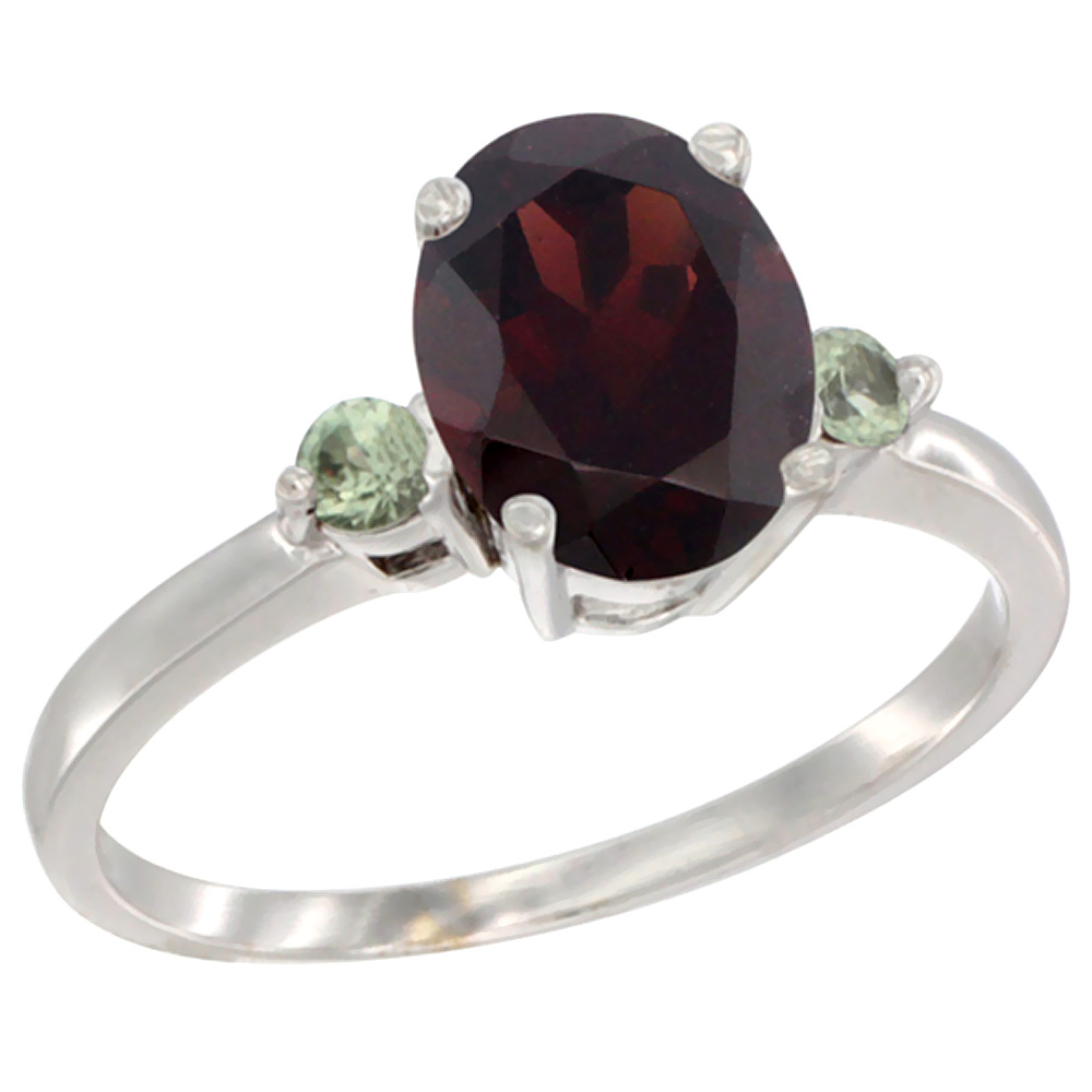 10K White Gold Natural Garnet Ring Oval 9x7 mm Green Sapphire Accent, sizes 5 to 10