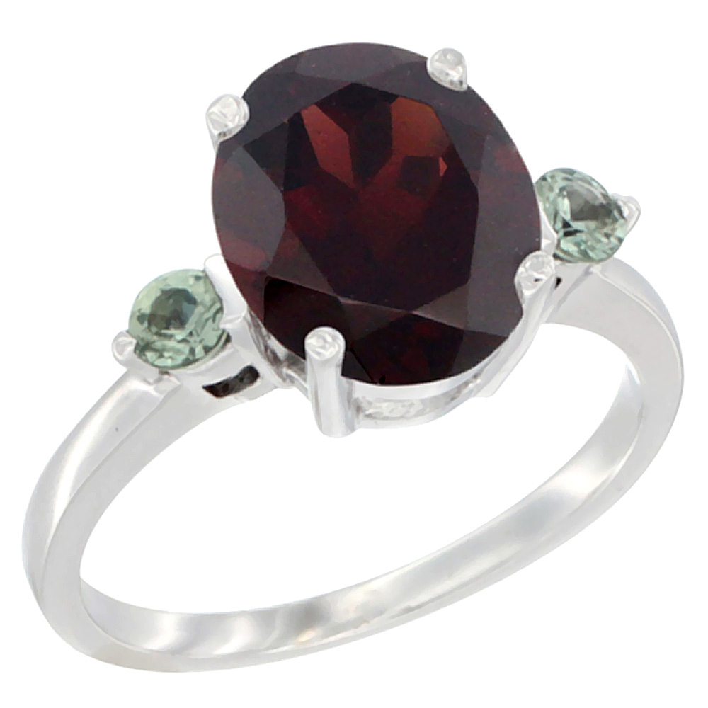 14K White Gold 10x8mm Oval Natural Garnet Ring for Women Green Sapphire Side-stones sizes 5 - 10