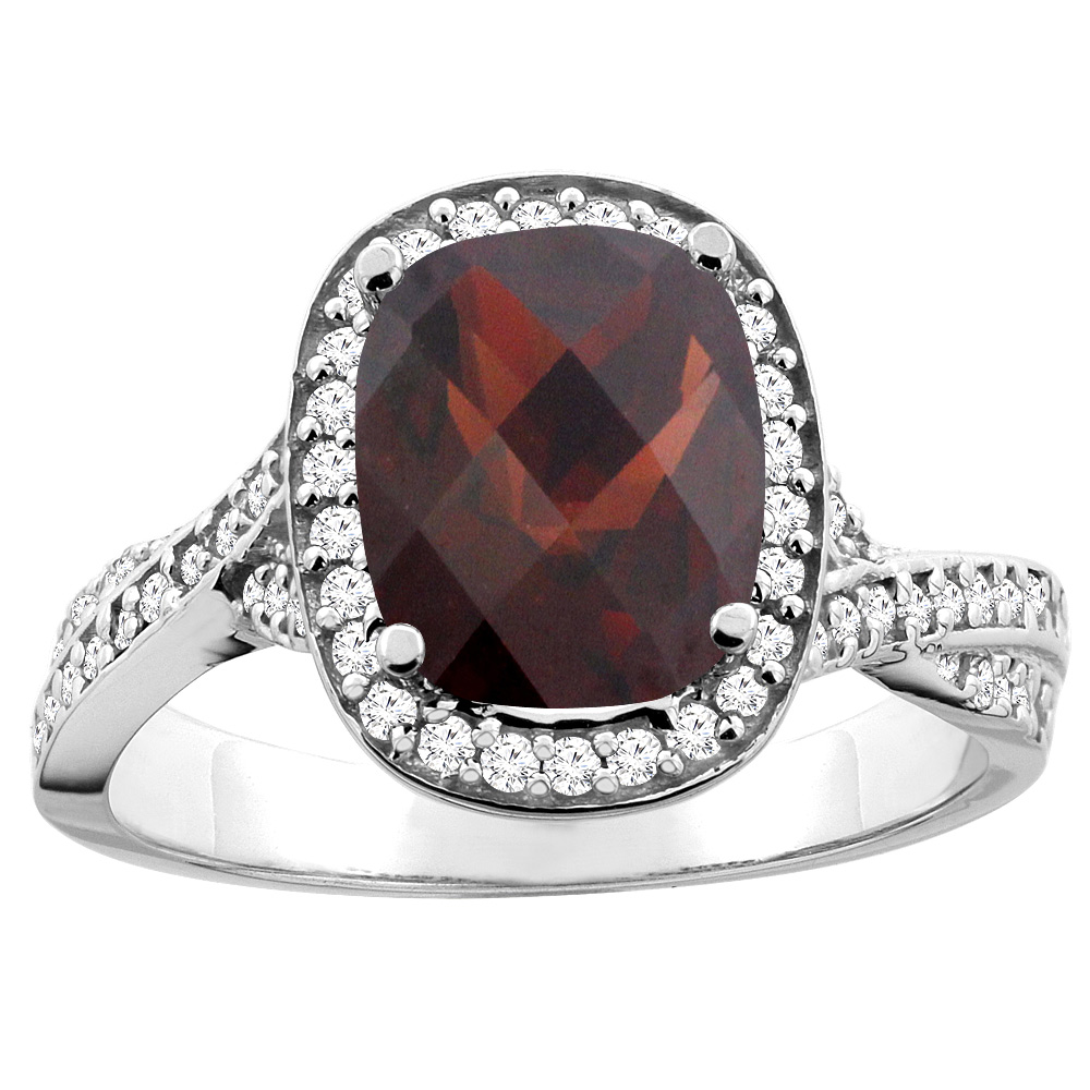 14K Yellow Gold Natural Garnet Halo Ring Cushion 9x7mm Diamond Accent 1/2 inch wide, sizes 5 - 10